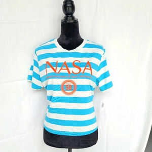 Mighty Fine Women's Short Sleeve NASA Shirt White Blue Striped Cropped Top L